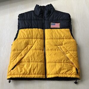 Starter Vest Mens XL Yellow Puffer Insulated USA Flag VFW Zip Pockets Lined